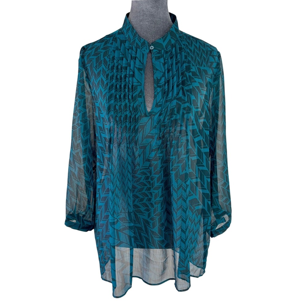 Banana Republic Wms Modern Boho Sheer Teal Chevron Pleated Keyhole Blouse L